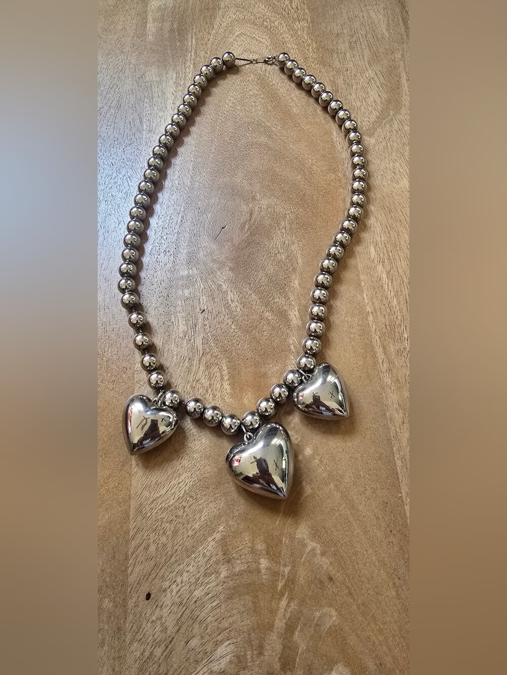 Vintage Silver Tone Puffy Heart Charm Bead Necklace 12" Choker Korea Southwester